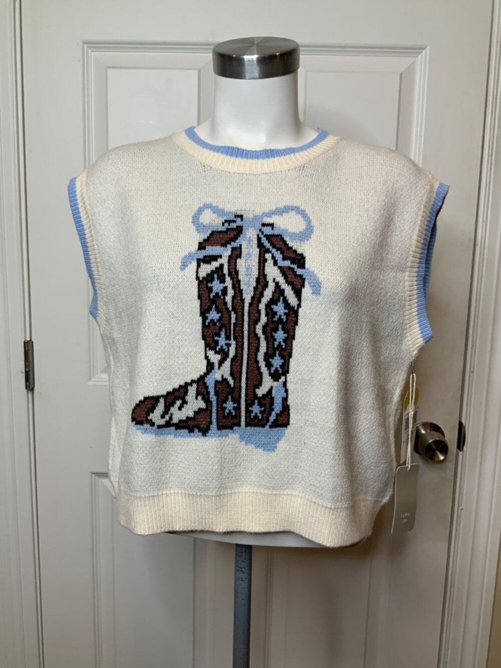Luna Ivy White Blue Bow Cowboy Boot Sweater Vest NWT, Size L